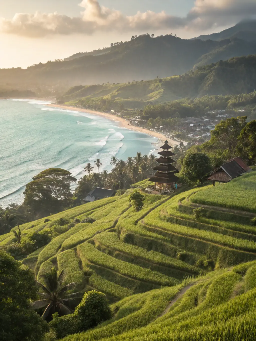 A serene image of Ubud, Bali, showcasing lush rice terraces and a traditional Balinese spa in the background, capturing the essence of a wellness retreat.