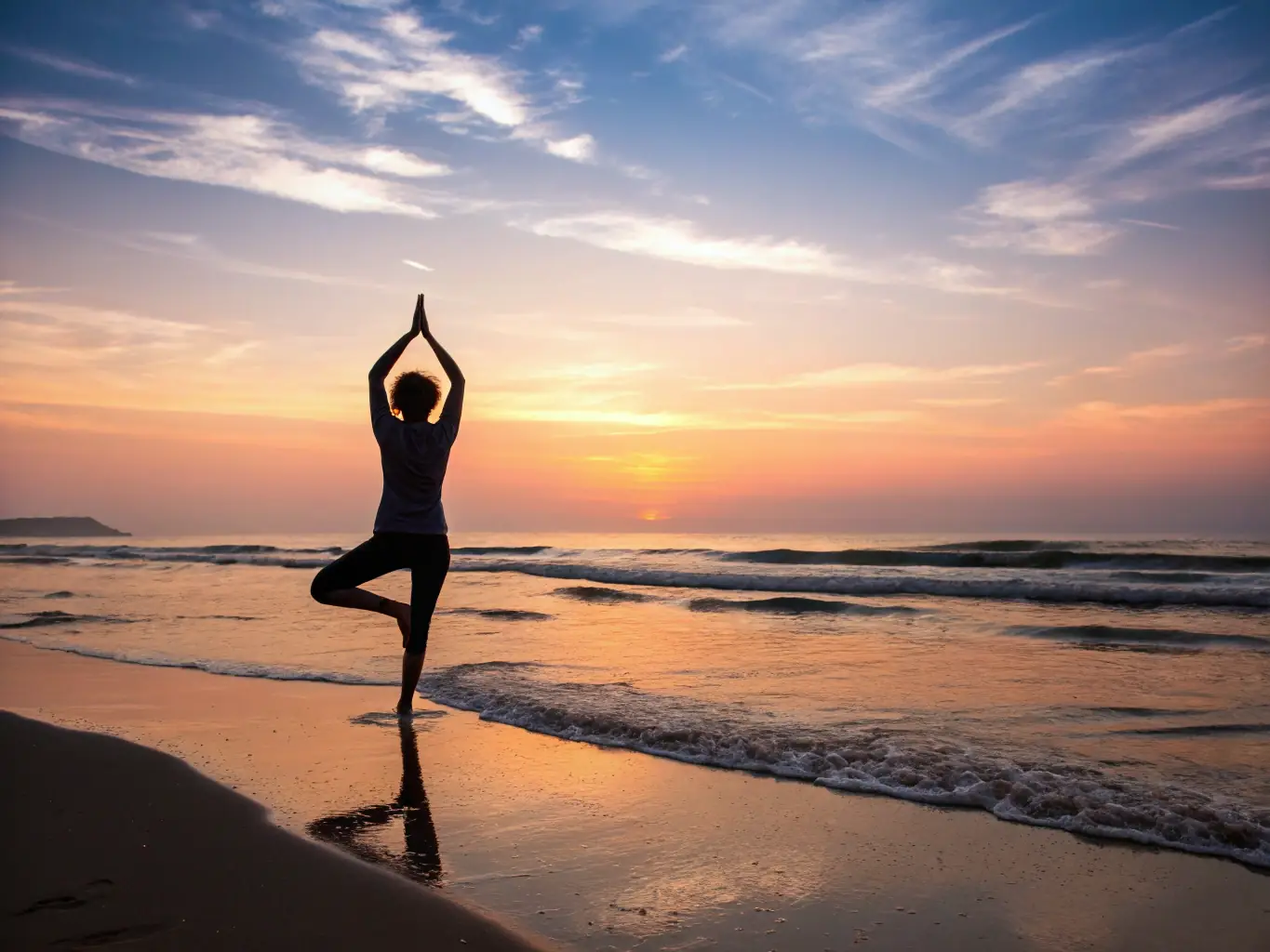 A serene image of a person practicing yoga on a beach at sunrise, representing mindfulness and wellness.